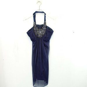 Mini Dress Womens 4 SMALL Navy Rhinestone‎ Halter Ruched Cocktail JS BOUTIQUE